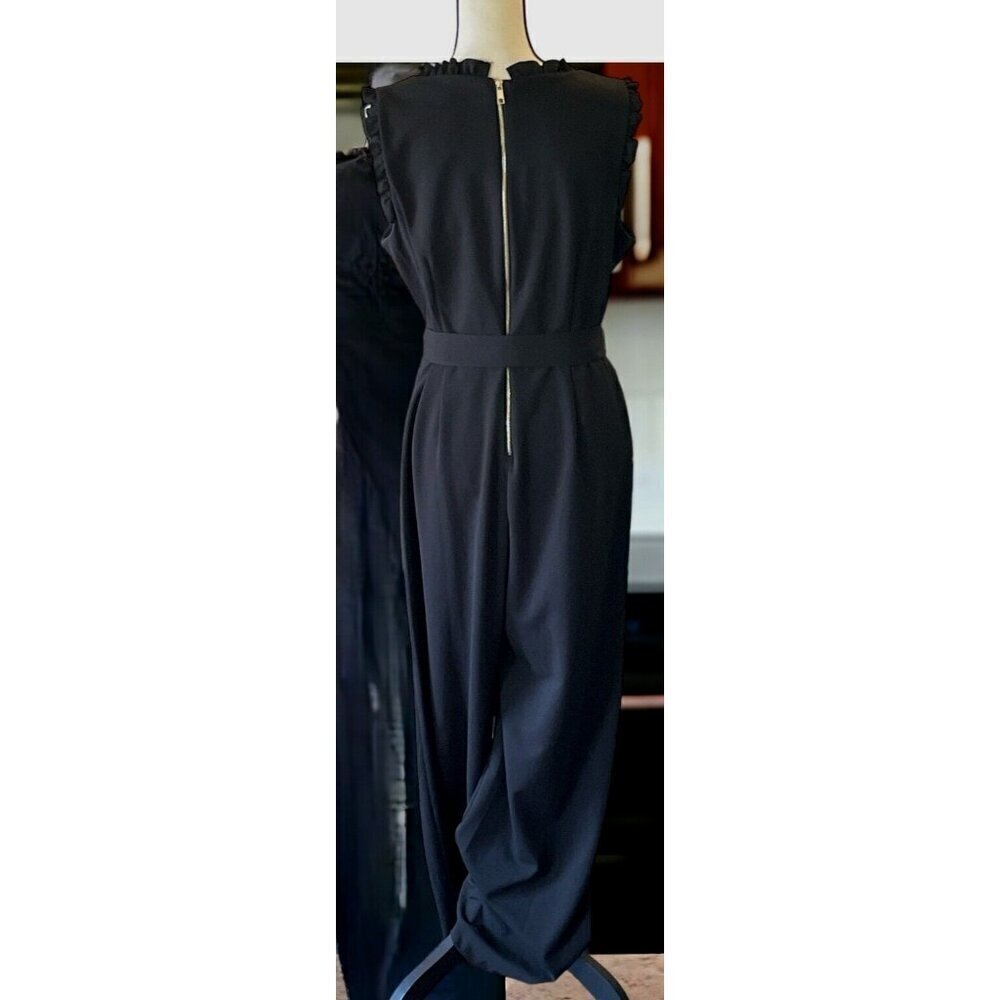 Emma & Michele Womens V Neck Ruffle Jumpsuit Size 10 Black Zipper Tie - Picture 11 of 16
